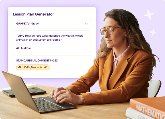 Image of a teacher sitting at a desk in front of a laptop with an illustration of the lesson plan generator tool overlaid.