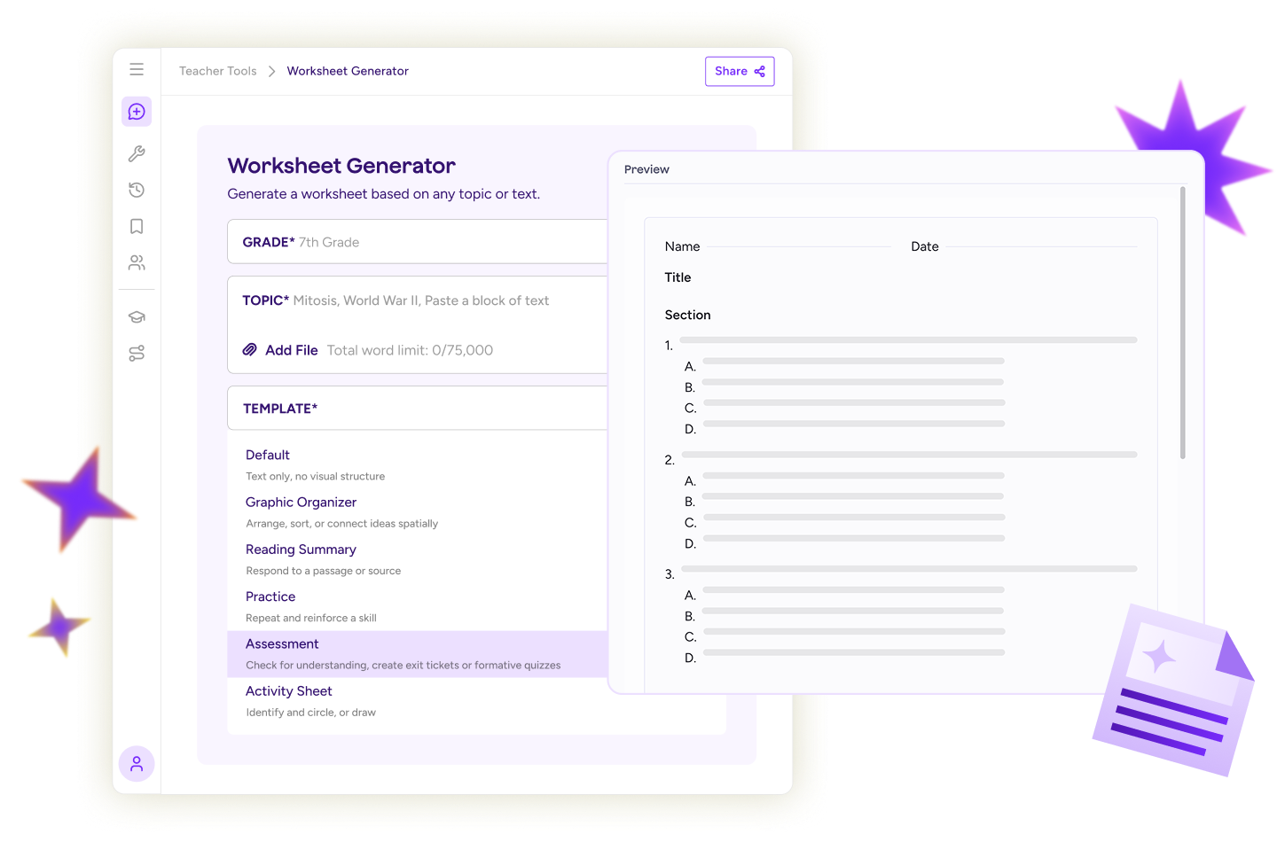 Illustration of the Worksheet Generator Tool, showing input fields for grade, topic, and template. An illustration of a final worksheet using the assessment template is overlaid.