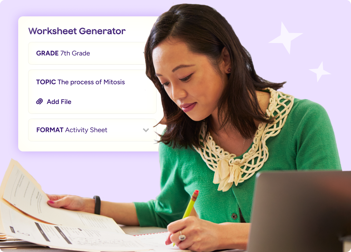 Image of a teacher grading assignments at a desk with an illustration of the worksheet generator tool overlaid.