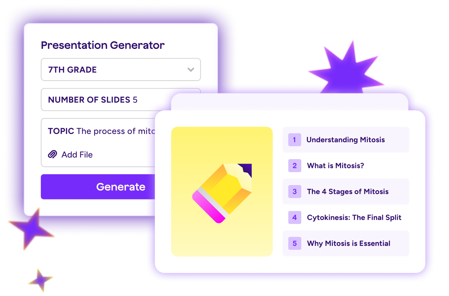 Illustration of Presentation Generator Tool with inputs for grade, number of slides, and topic. Overlaid is an illustration of a final presentation output.
