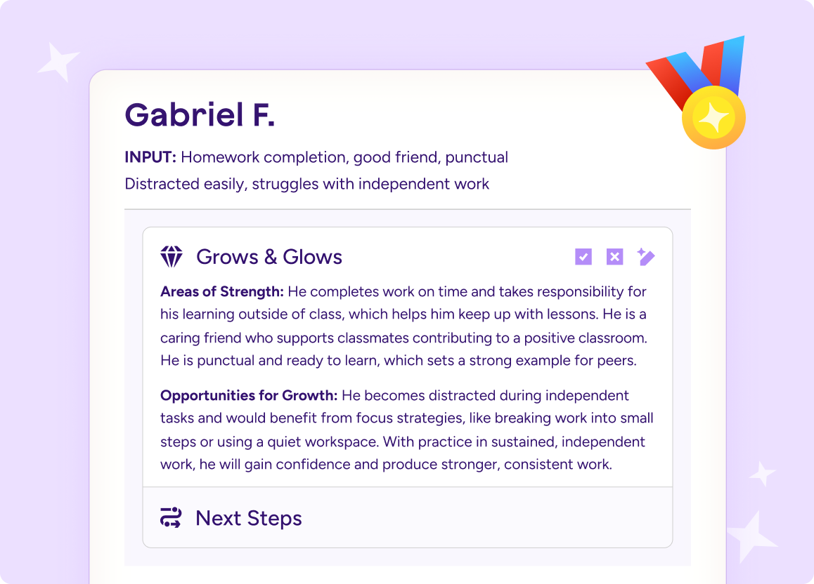 Illustration of personalized feedback for Gabriel F detailing areas of strength and opportunities for growth. 