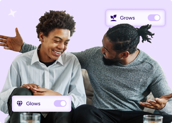 Picture of a father and son smiling together with Glows and Grows overlaid.