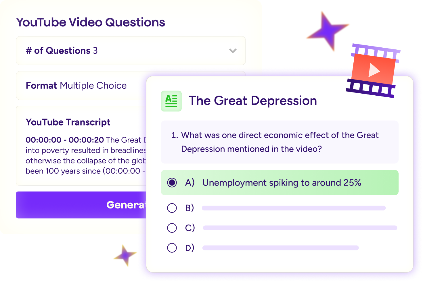 Illustration of the YouTube Video Question Generator with fields for number of questions, format, and transcript. Overlaid is the output - a multiple choice question.