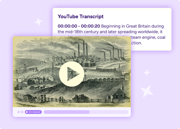 Illustration of a YouTube Transcript with a video player overlaid.
