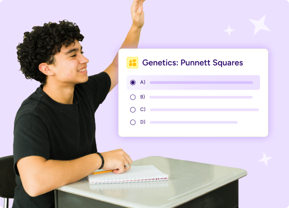 Image a student sitting at a desk raising his hand with an illustration of a multiple choice question overlaid.
