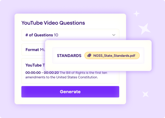Illustration of YouTube Video Question Generator tool with fields for number of questions, format, and transcript and area to attach standards overalaid.