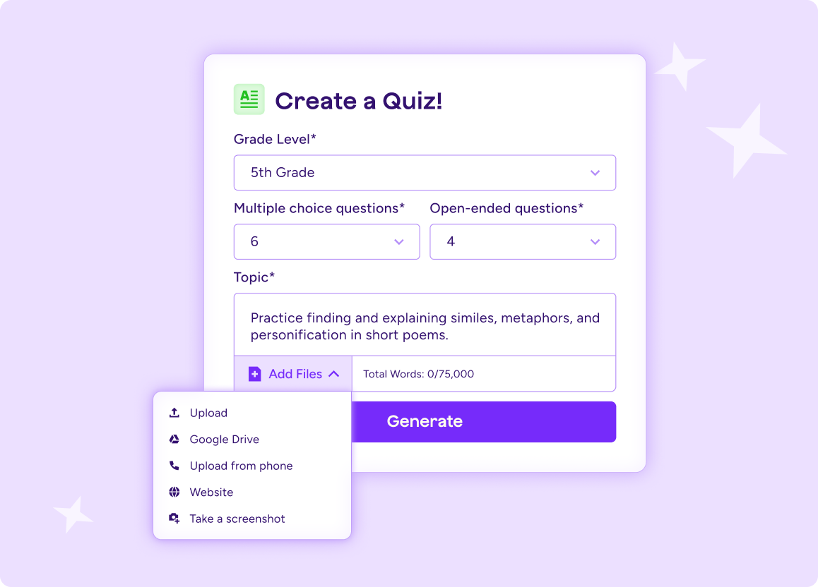Illustration of the Multiple Choice Quiz tool interface, showing fields to input grade level, number of multiple choice questions, number of open ended questions, topic, and attachments.