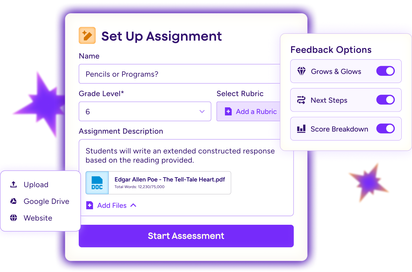 Illustration of the Writing Feedback Tool interface to setup an assignment. It shows fields for the assignment name, grade level, attached rubric, assignment description, and feedback options.