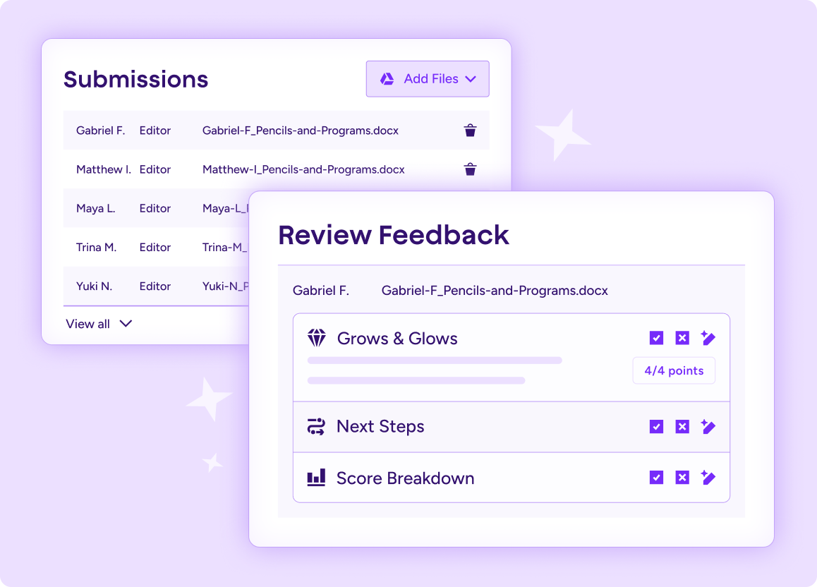 Illustration showing a table of student writing submissions with a screen to 'Review Feedback' overlaid showing grows and glows, next steps, and feedback breakdown.