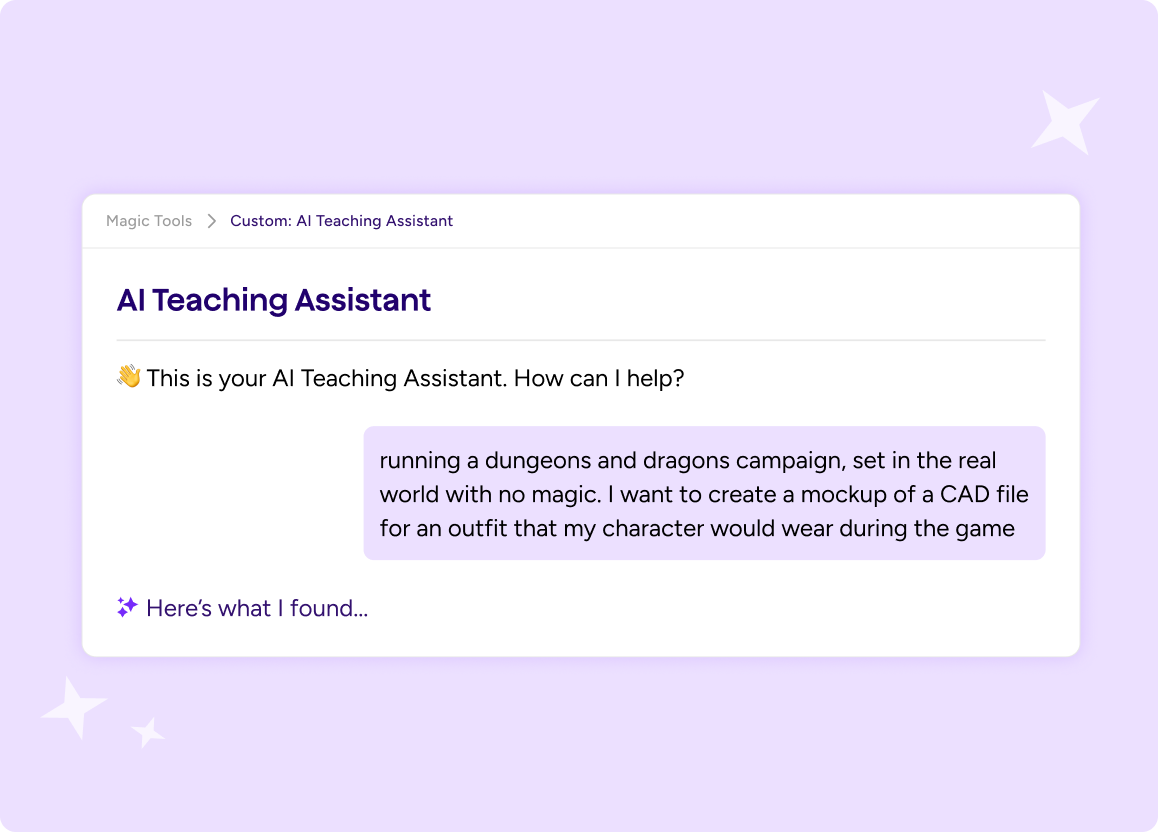 Illustration of the Custom Chatbot used as an AI Teacher Assistant, asking the teacher how they can help.