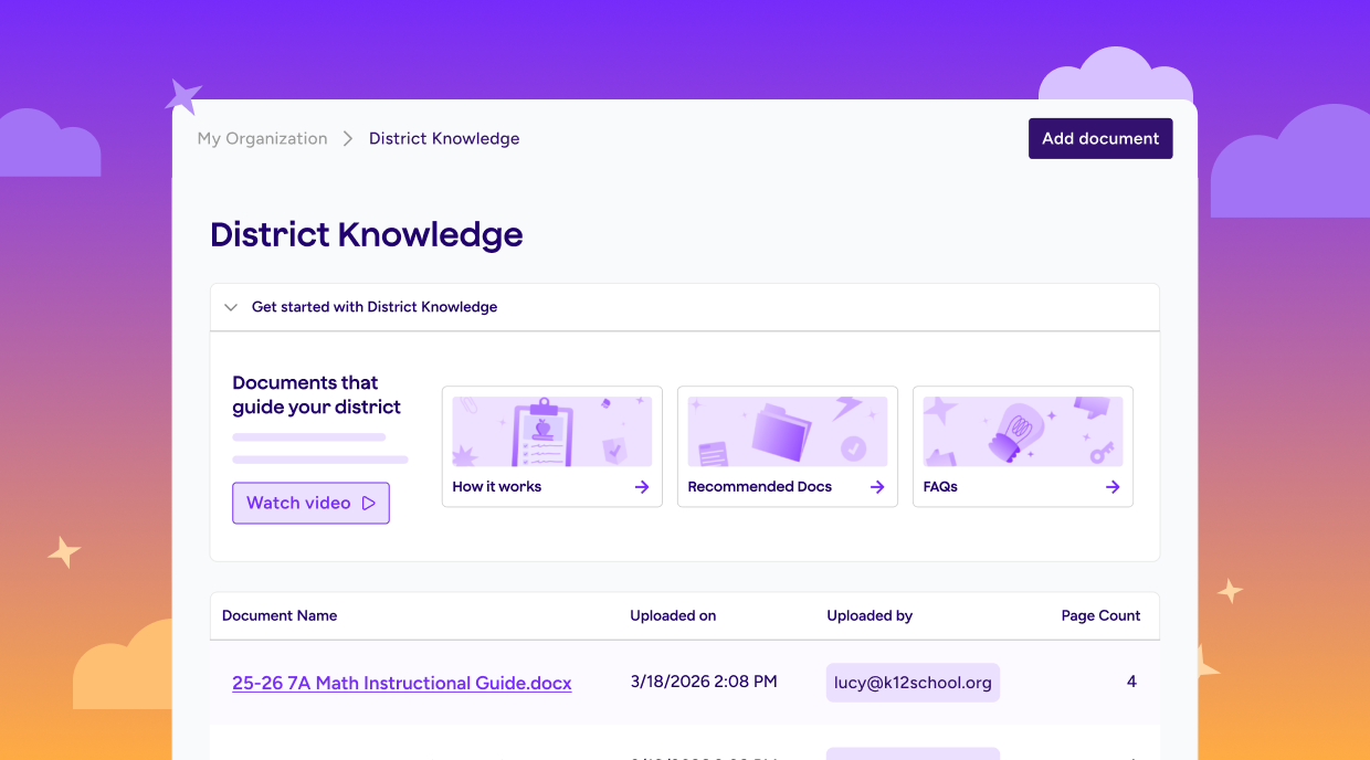 Illustration of District Knowledge where org admins can see how it works and upload documents.