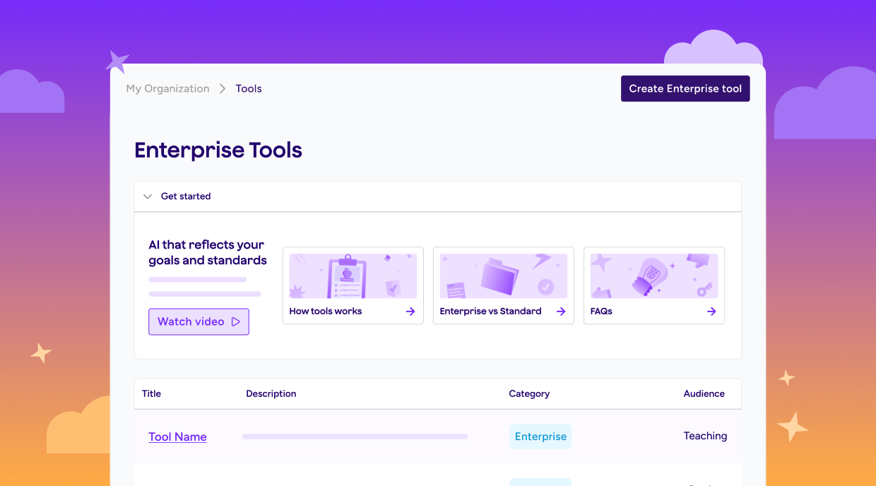 Illustration of Enterprise Tools interface where org admins can see how it works and manage their organization's tools. 