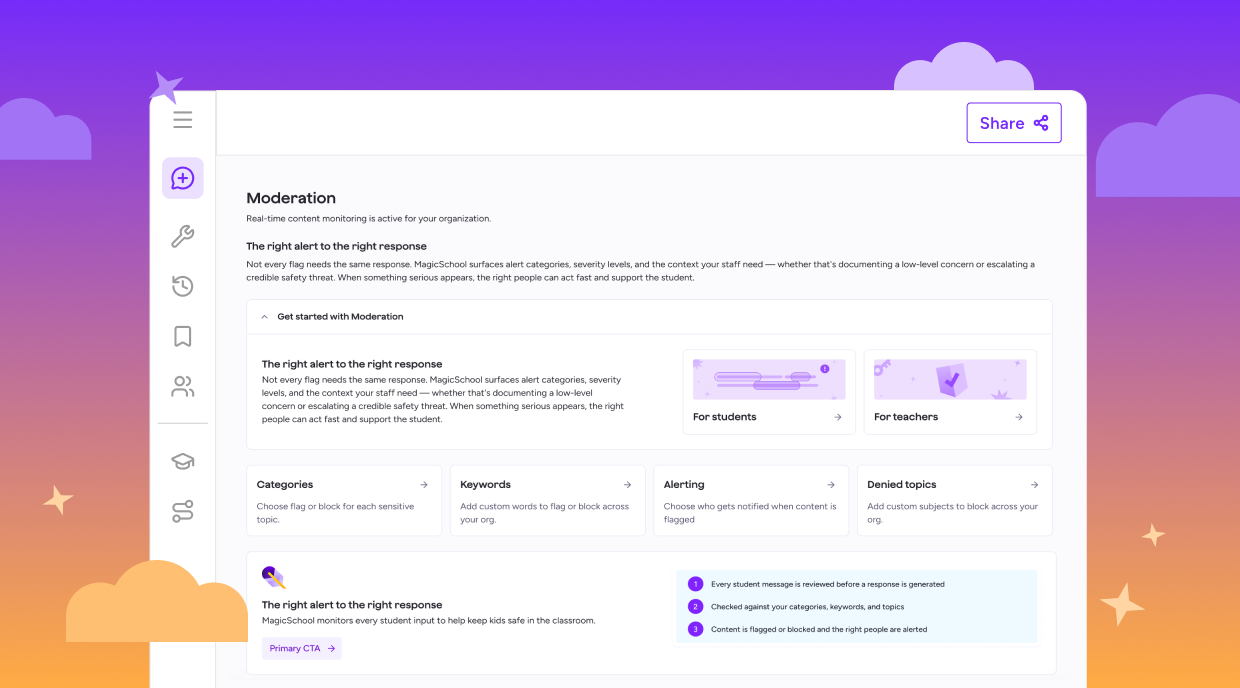Illustration of Moderation settings that Org Admins can configure for their district.