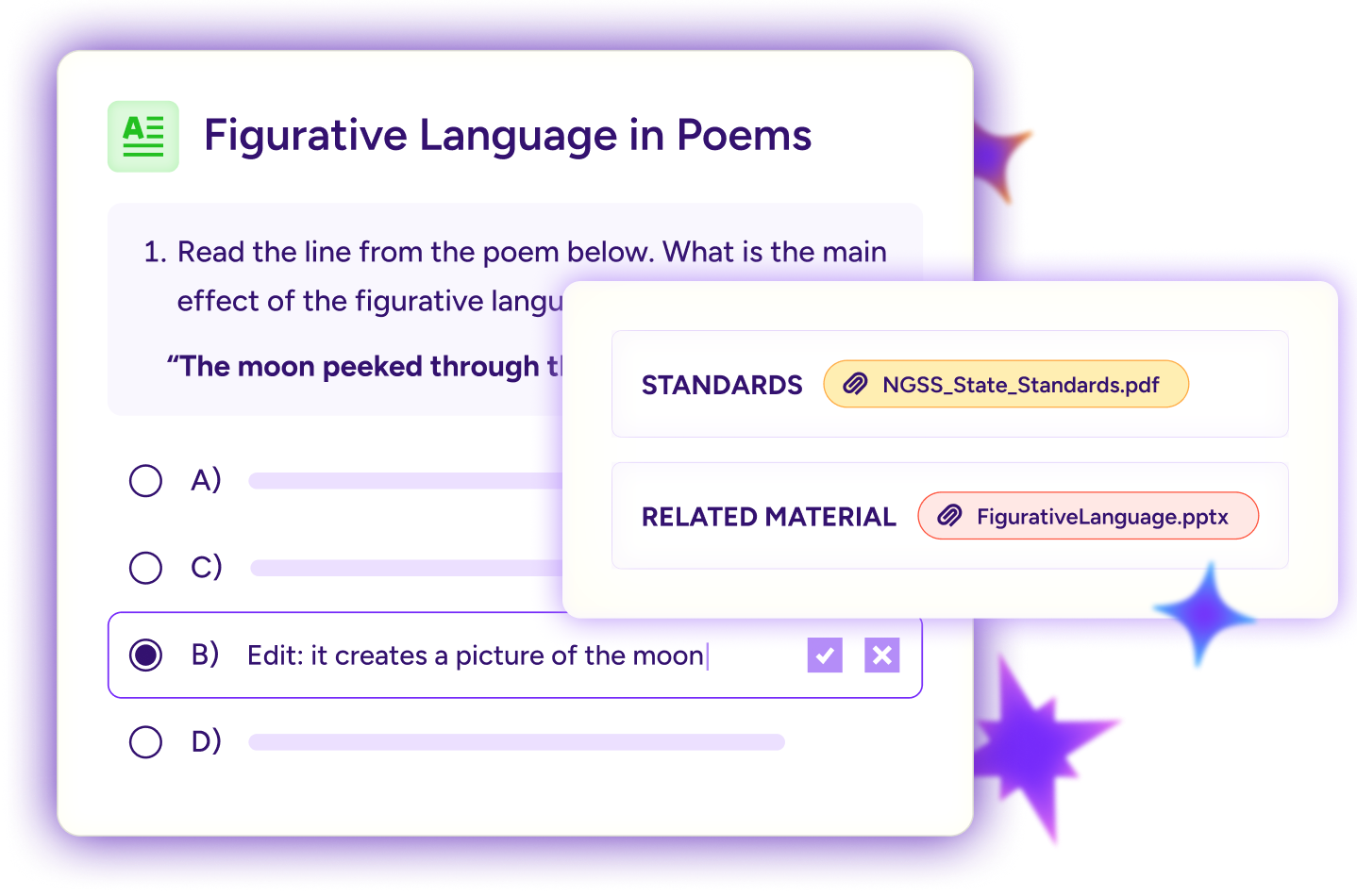 Illustration of a multiple choice quiz on Figurative Language in Poems with a standards and related materials attach to create a highly aligned assessment.