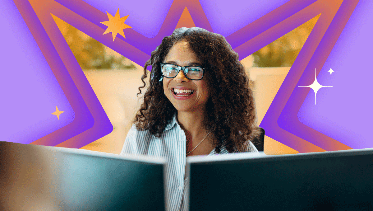 Illustration of a glowing yellow light bulb with a pink base floating in a soft purple sky, surrounded by clouds and abstract icons, representing ideas, creativity, and AI professional development for teachers through modern, supportive technology.