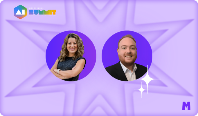 Amber Stewart and Dan Fitzpatrick with purple background and AI Summit logo