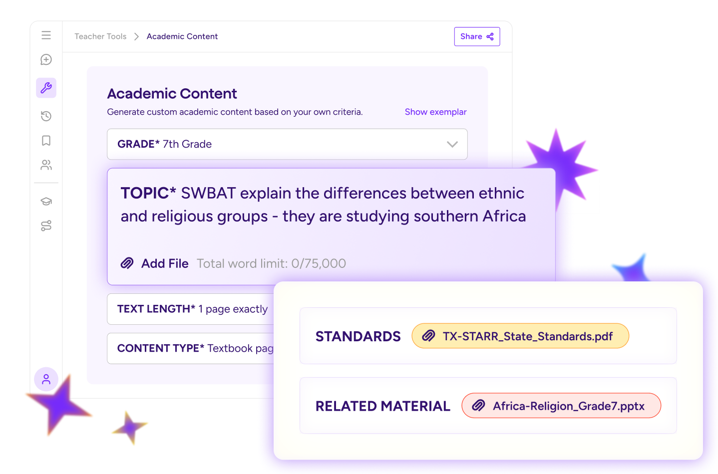 Illustration of the Academic Content tool interface where a teacher can select the grade, the topic, the text length, and content type. They can also attach standards and related material.