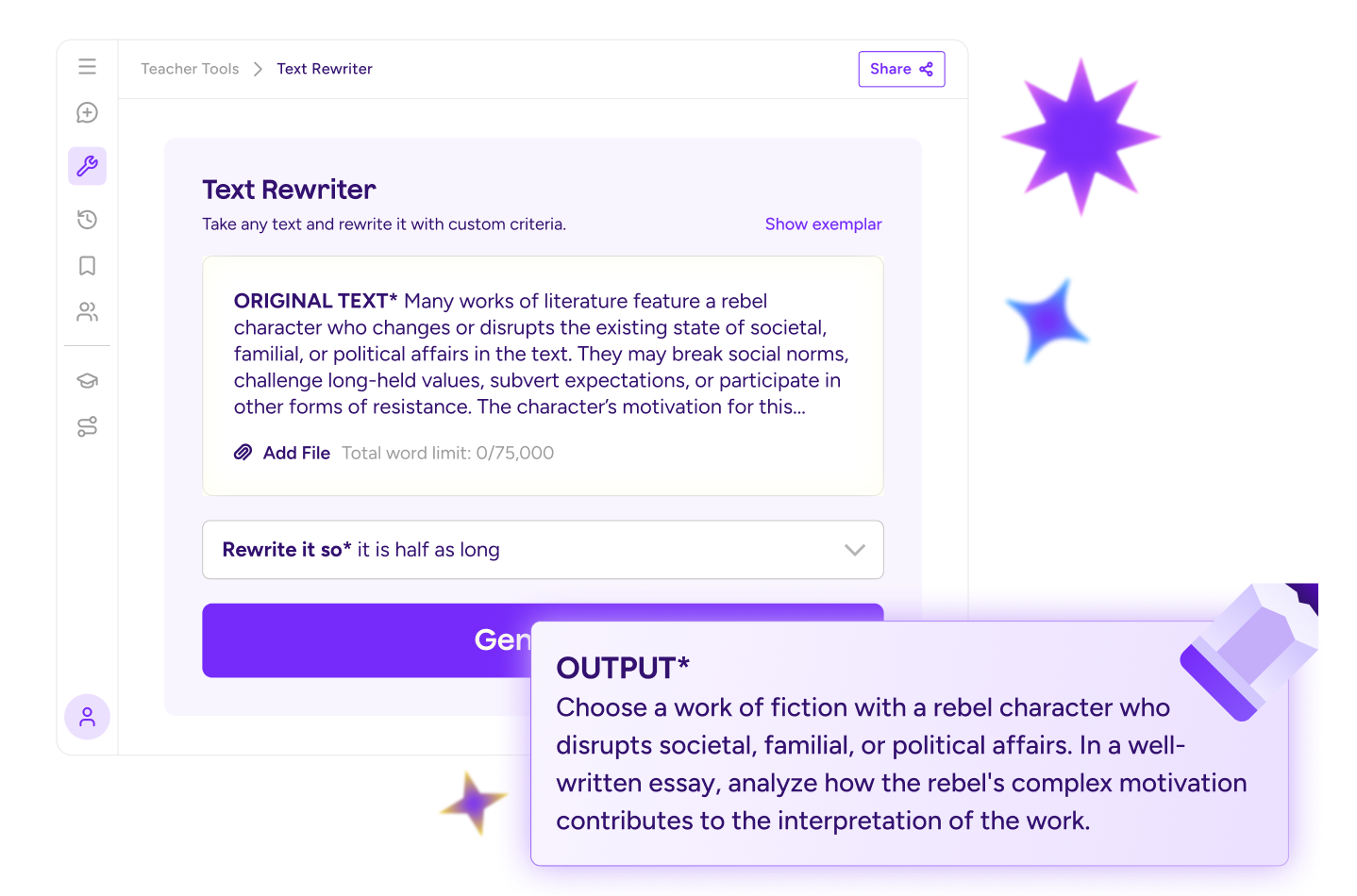 Illustration of the Text Rewriter tool interface showing fields for the original text and instructions on how to rewrite it. Illustration shows the tool input and the output.