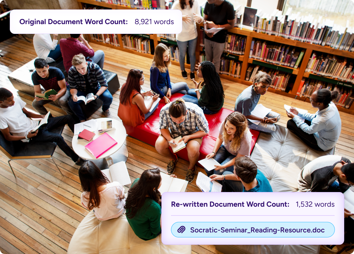 Image of a group of students in a library with text overlaid: 'Original Document Word Count: 8,921 words' and 'Re-written Document Word Count: 1,532 words'