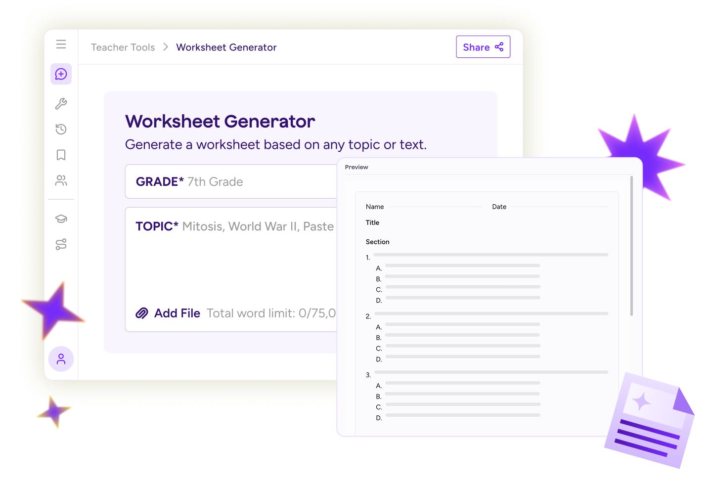 Illustration of the Worksheet Generator Tool, showing input fields for grade and topic. An illustration of a final worksheet using the assessment template is overlaid.