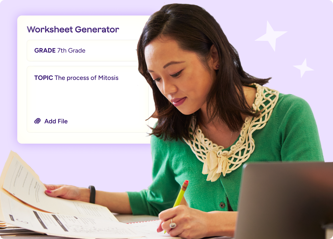 Image of a teacher grading assignments at a desk with an illustration of the worksheet generator tool overlaid.
