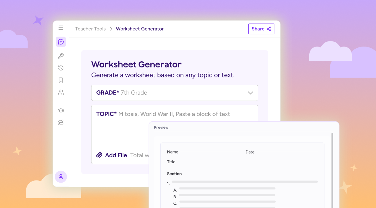 Illustration of Worksheet Generator tool, showing fields for grade and topic alongside a print-ready worksheet.