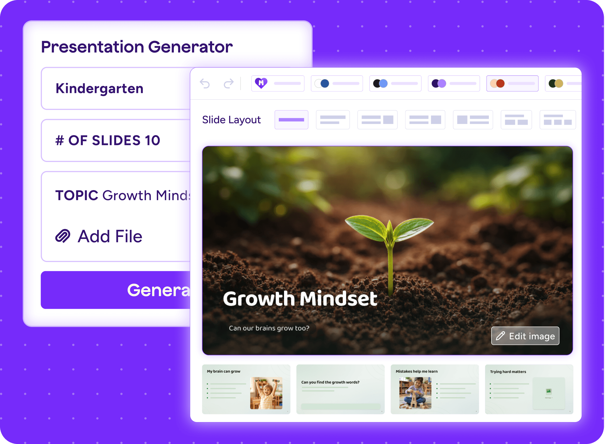 Stylized graphic of the Presentation Generator tool showing fields for grade, number of slides, topic and attachments as well as a final presentation about Growth Mindset.