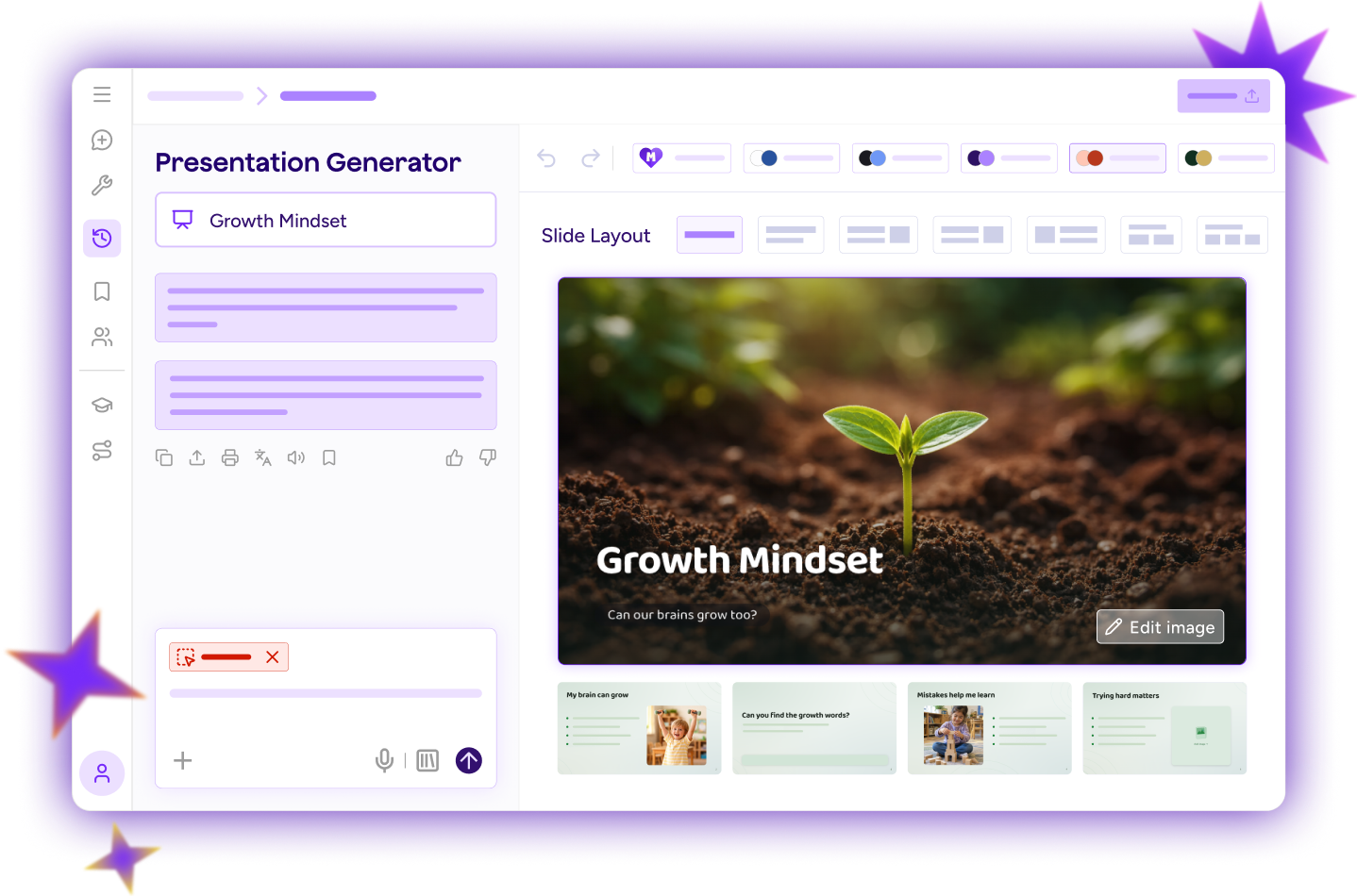 Illustration of Presentation Generator Tool showing the ability to generate slides with different layouts, themes, and images.