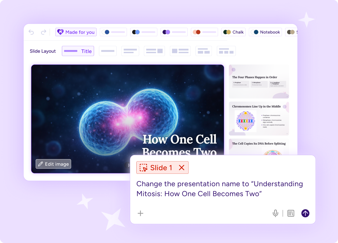 Illustration of the Presentation Generator, with a slide deck about Mitosis, showing how a user can choose different themes and layouts and can chat with Raina to ask for changes.