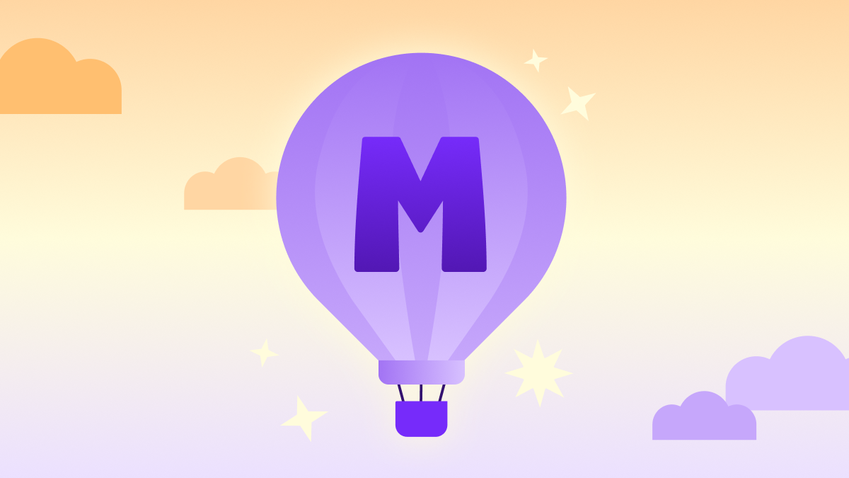Illustration of a glowing yellow light bulb with a pink base floating in a soft purple sky, surrounded by clouds and abstract icons, representing ideas, creativity, and AI professional development for teachers through modern, supportive technology.