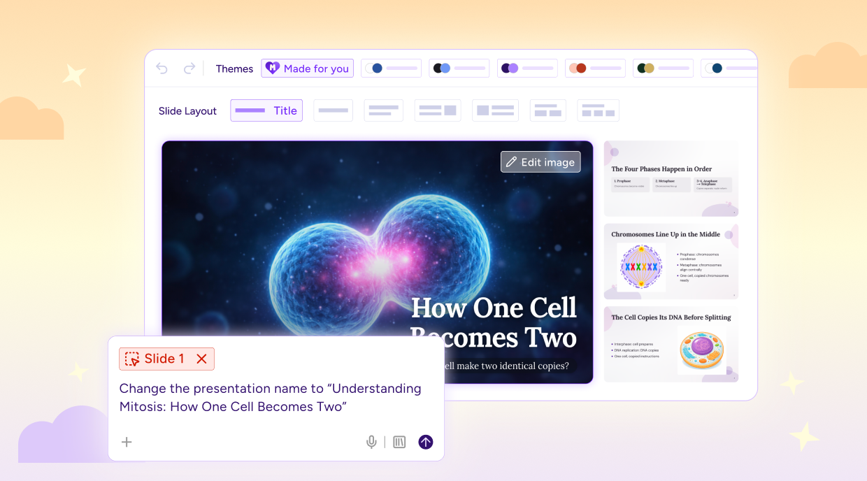 MagicSchool Presentation Generator showing a classroom presentation about mitosis with slide layouts, themes, and Raina editing tools.