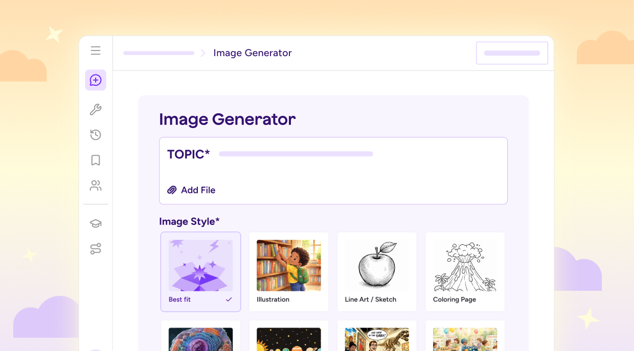 MagicSchool Image Generator showing options for creating classroom visuals in different styles, including illustrations, sketches, and coloring pages.