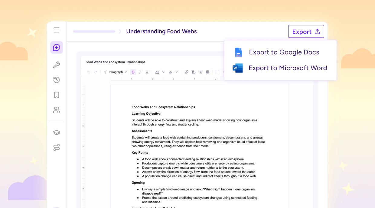 MagicSchool resource editor showing options to export a classroom resource to Google Docs or Microsoft Word.