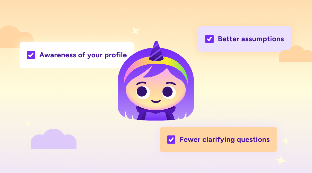 Illustration of Raina highlighting profile awareness, better assumptions, and fewer clarifying questions for more personalized support.