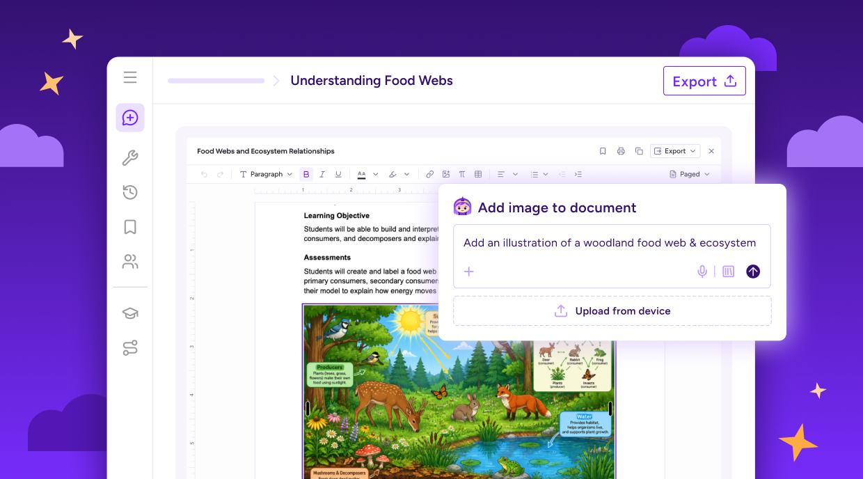 MagicSchool document editor showing a food web lesson with an AI-generated ecosystem illustration and a prompt to add images directly to the document.