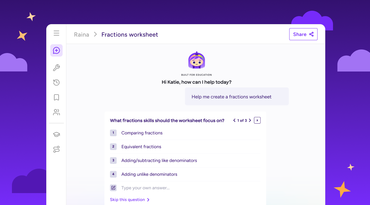MagicSchool's Raina offering selectable answers to help a teacher customize a fractions worksheet, including comparing and adding fractions.