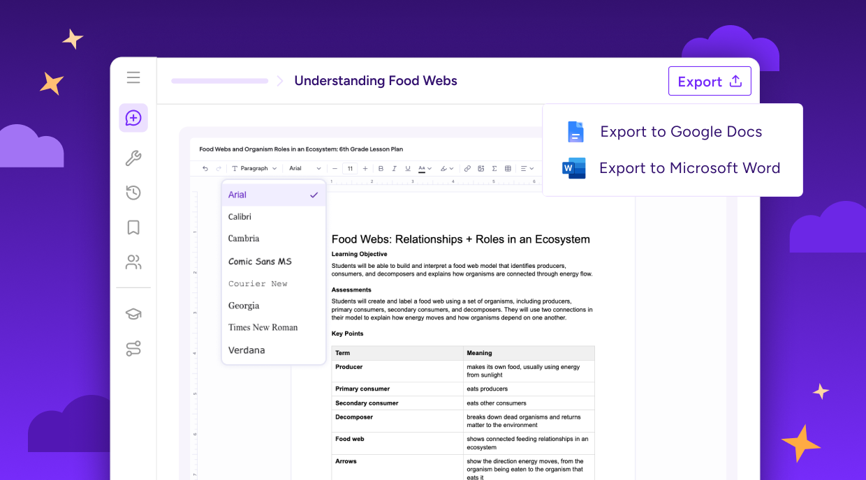 MagicSchool document editor showing font selection options and the ability to export a food web lesson to Google Docs or Microsoft Word.