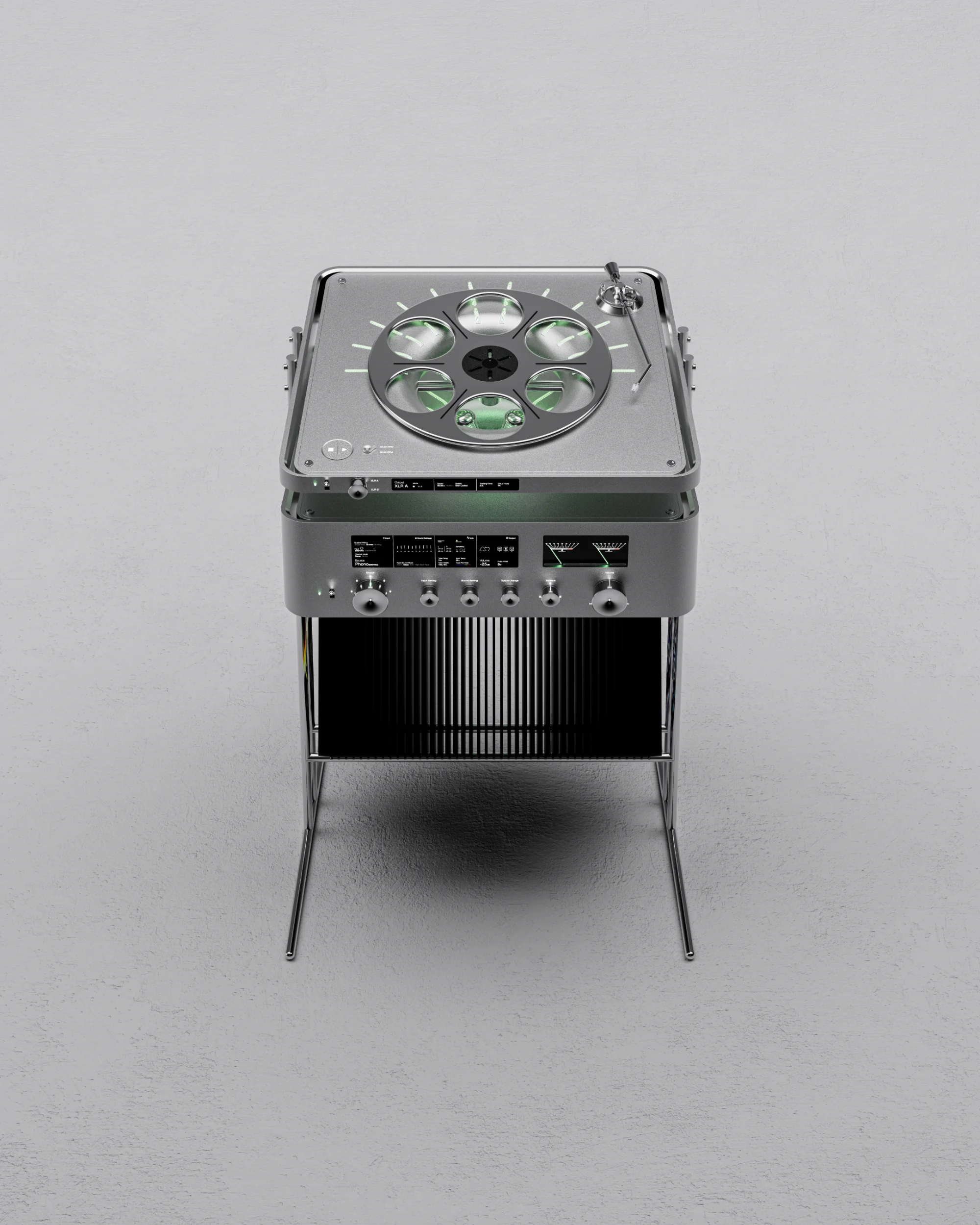 3D-Rendering von Plattenspieler und Hybrid-Vollverstärker auf einem verchromten Ständer vor grauem Hintergrund.