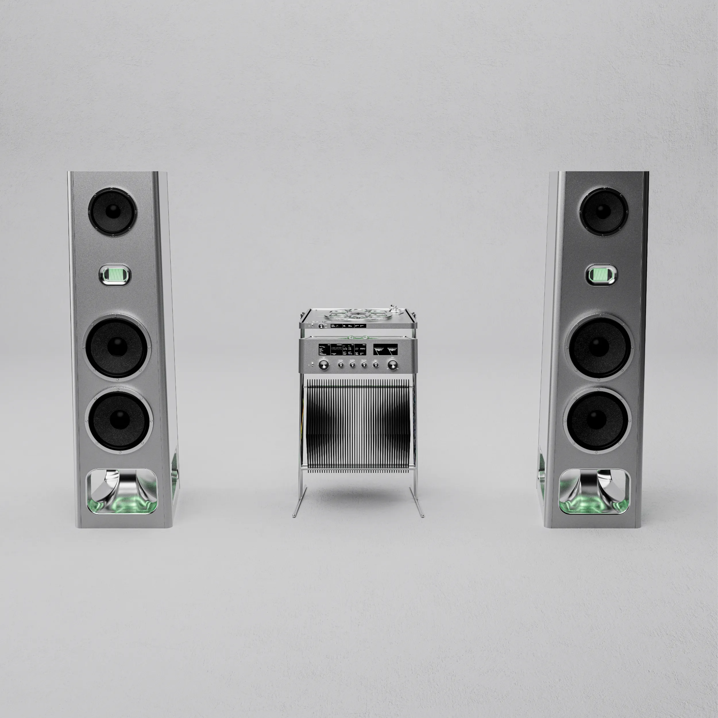 Frontansicht des HiFi-Systems mit zwei Aluminium-Standlautsprechern und mittig angeordnetem Plattenspieler und Verstärker.
