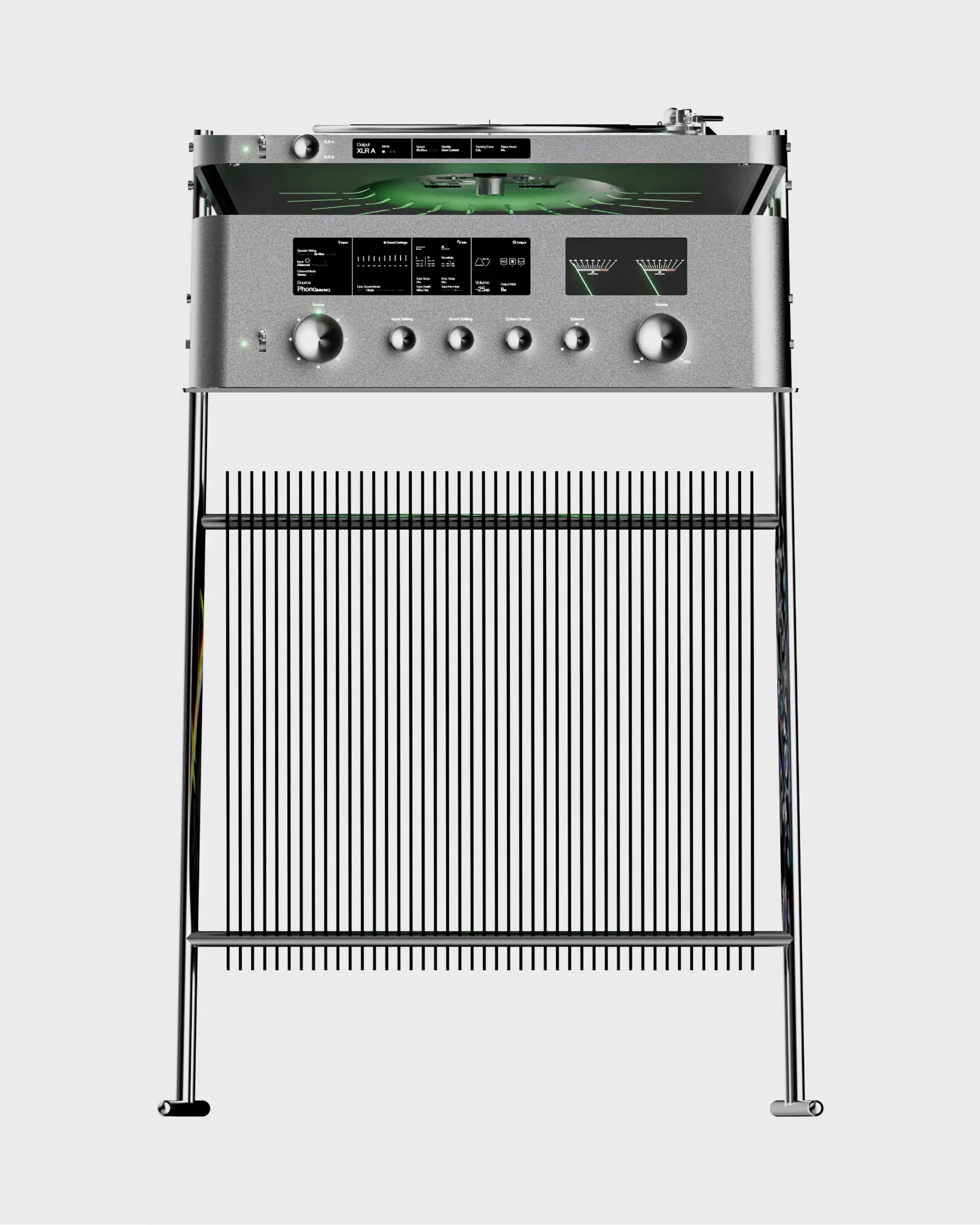 Frontansicht des HiFi-Geräteständers mit Plattenspieler, Hybridverstärker und vertikal verlaufenden Kühlrippen.