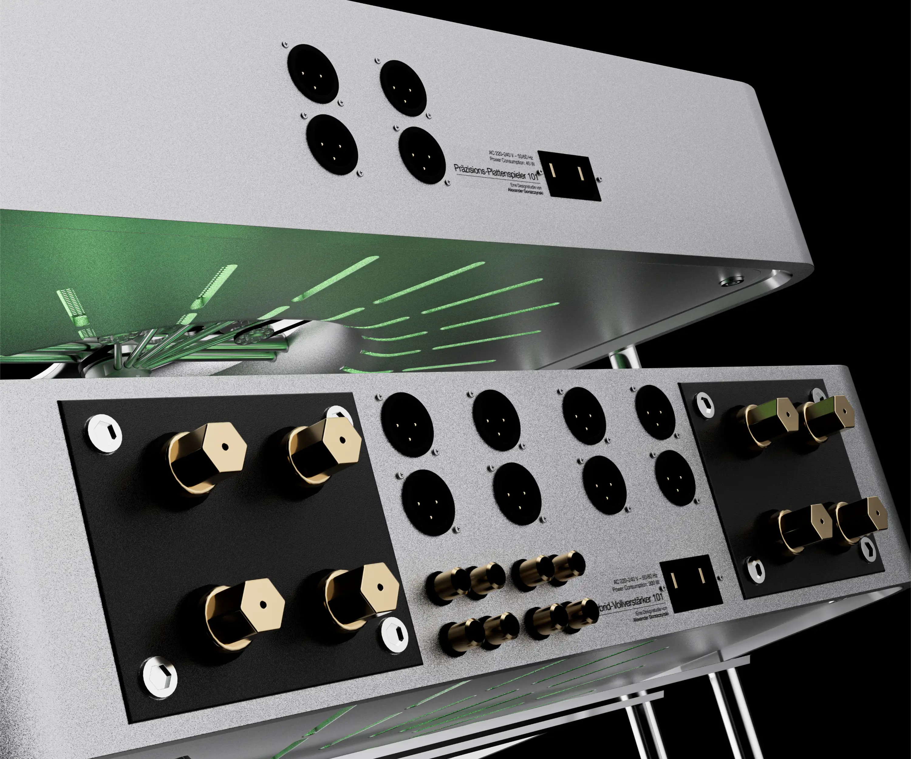 Rückansicht von Plattenspieler und Hybridverstärker mit XLR-Anschlüssen und goldfarbenen Lautsprecherklemmen.