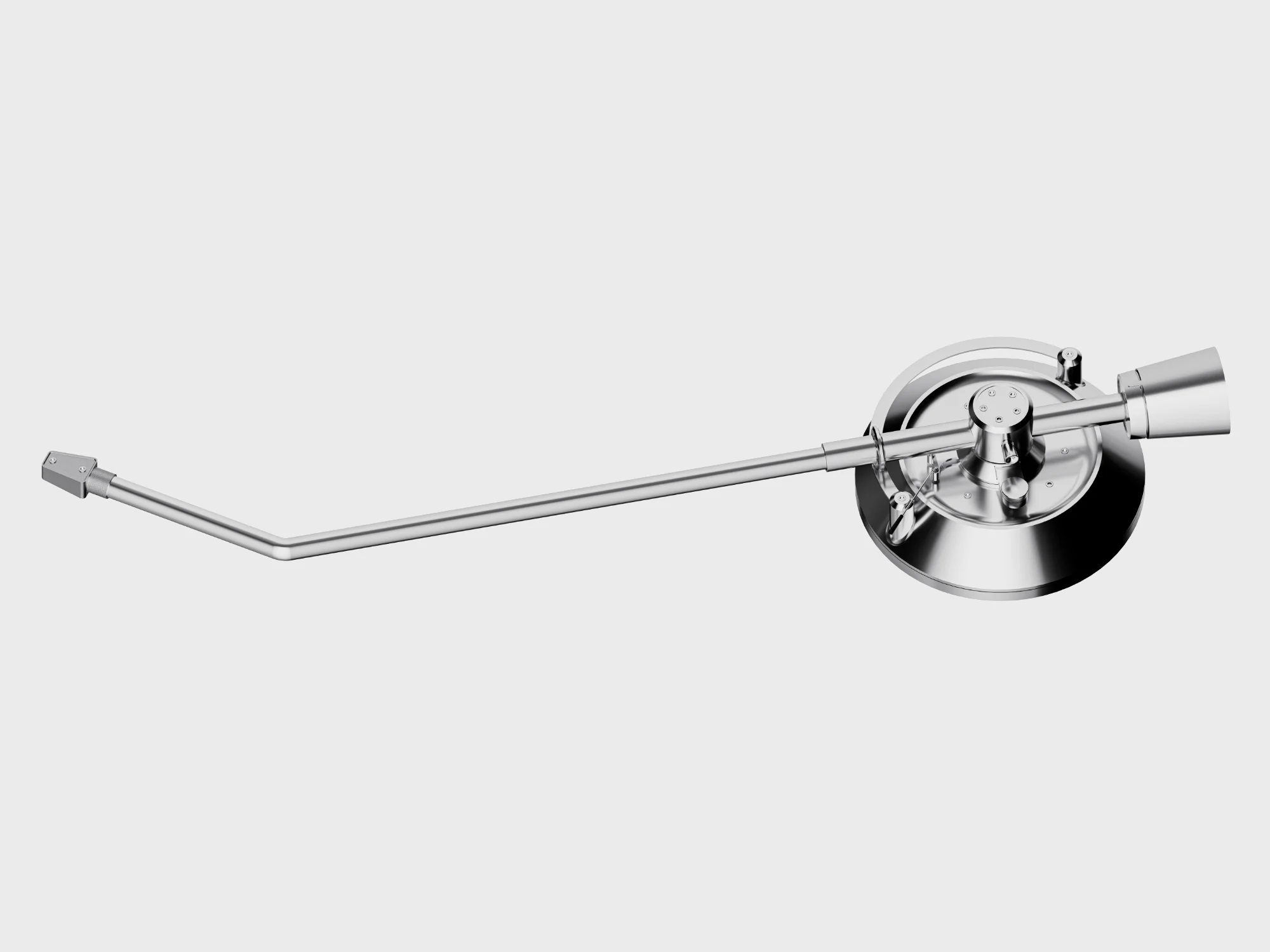 3D-Rendering des filigranen Plattenspieler-Tonarms mit gebogenem Arm, Tonabnehmer und poliertem Lager.