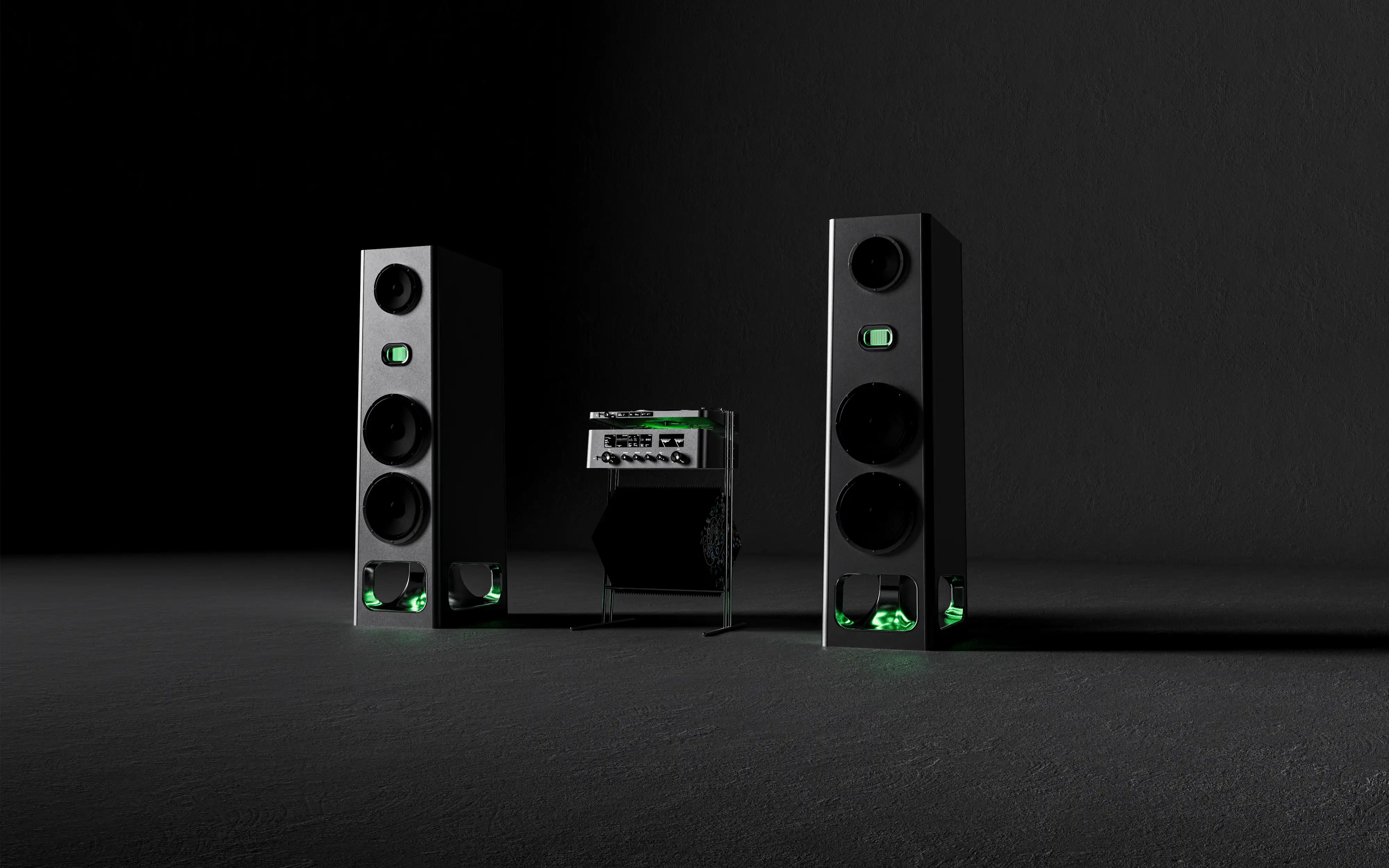 HiFi-Designstudie mit zwei Standlautsprechern, Plattenspieler und Verstärker in einer dunklen Lichtinszenierung.