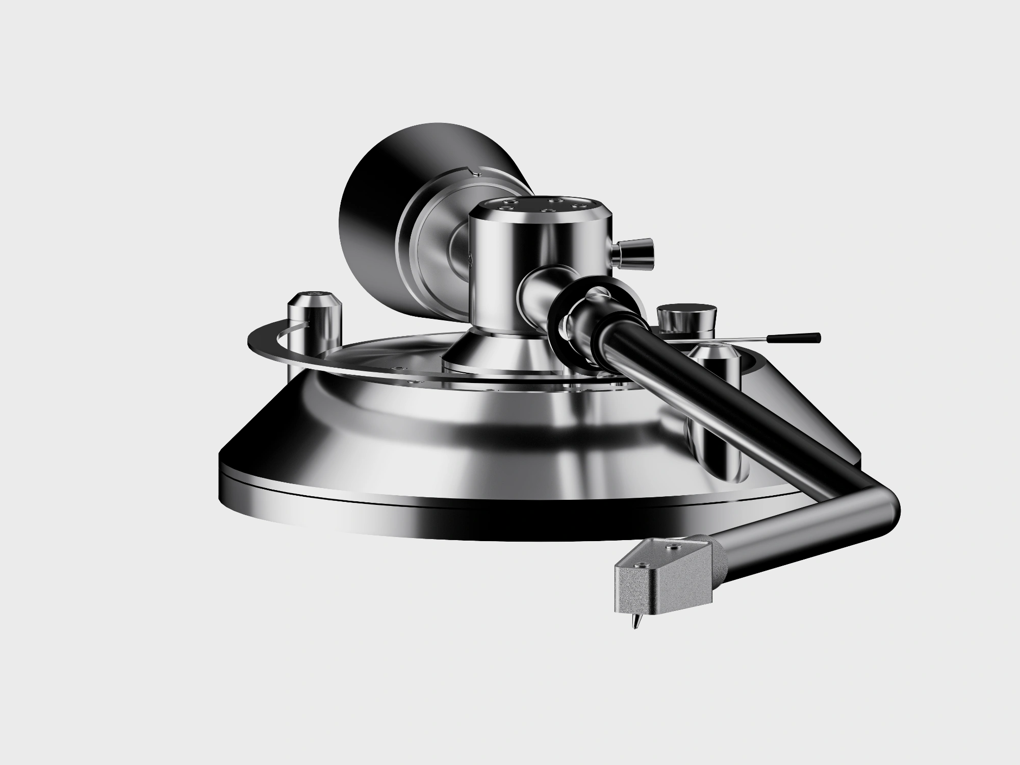 Perspektivisches Detailrendering der Tonarmkonstruktion mit Lager, Gegengewicht und Tonabnehmer.