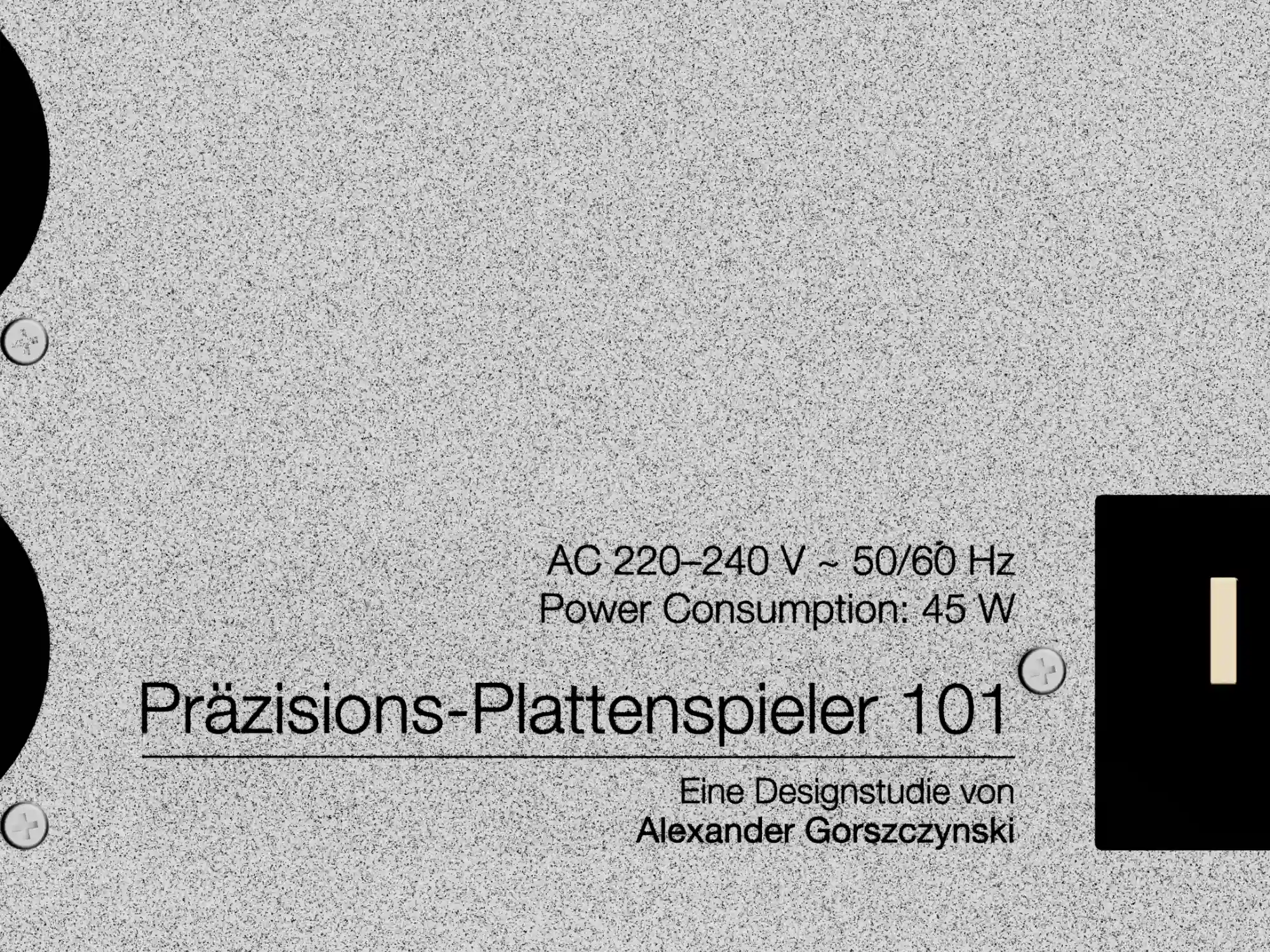 Detail der Plattenspielerrückseite mit der Beschriftung „Präzisions-Plattenspieler 101“ und dem Namen Alexander Gorszczynski.