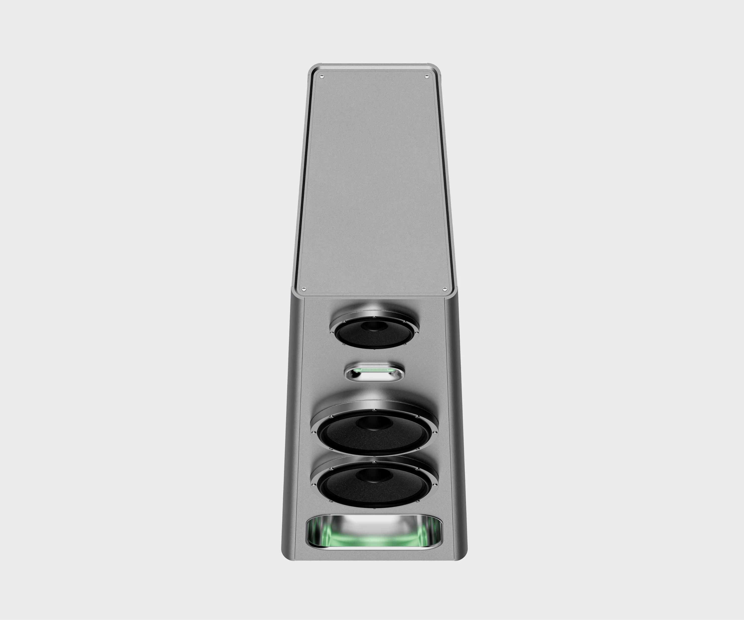 Perspektivische Ansicht eines Aluminium-Standlautsprechers von oben mit runden Treibern und spiegelnd polierten Details.