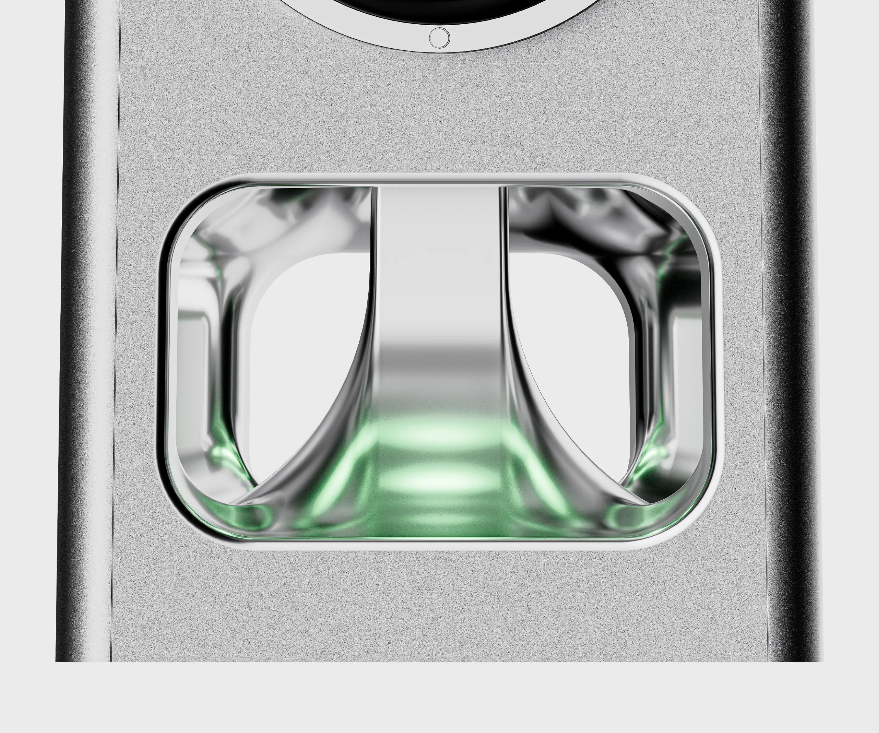 Detailrendering eines Aluminium-Standlautsprechers mit spiegelnd polierter Öffnung im unteren Gehäusebereich und grüner Beleuchtung.