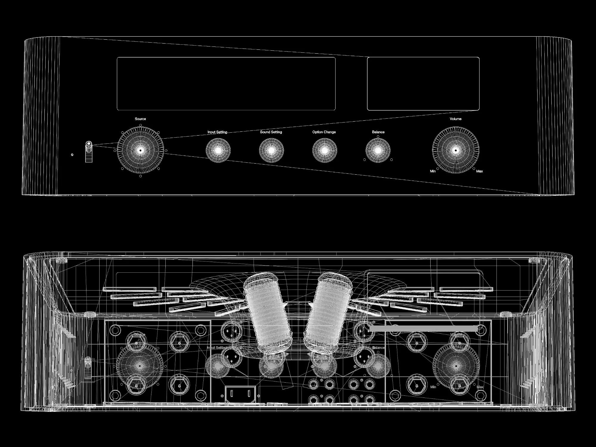 Front- und Rückansicht des Hybridverstärkers als weißes Drahtgitter mit Reglern, Displayflächen und Anschlüssen.