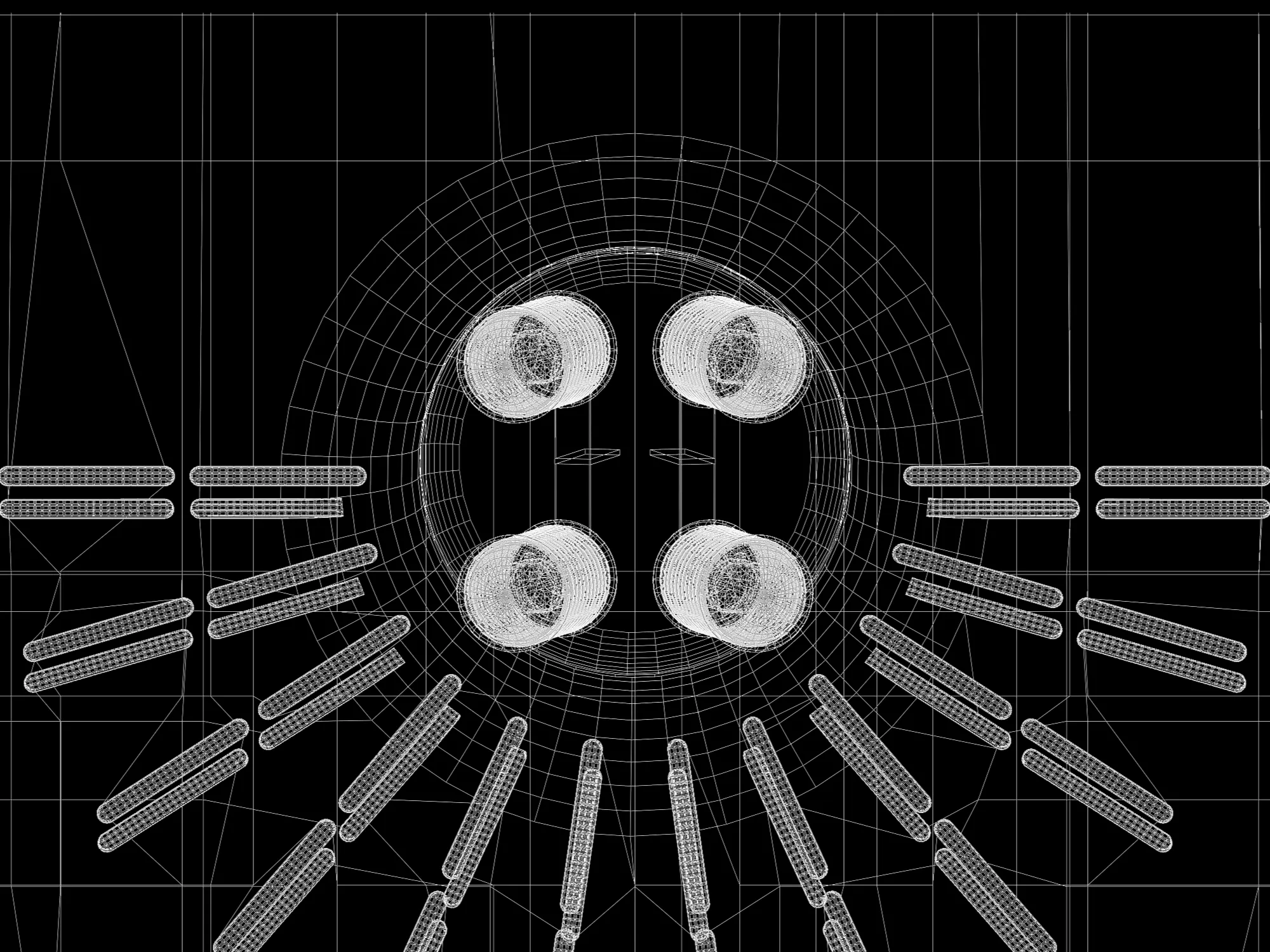 Weiße Polygonansicht des Hybridverstärkers von oben mit vier Röhren und radial angeordneten Lüftungsschlitzen.