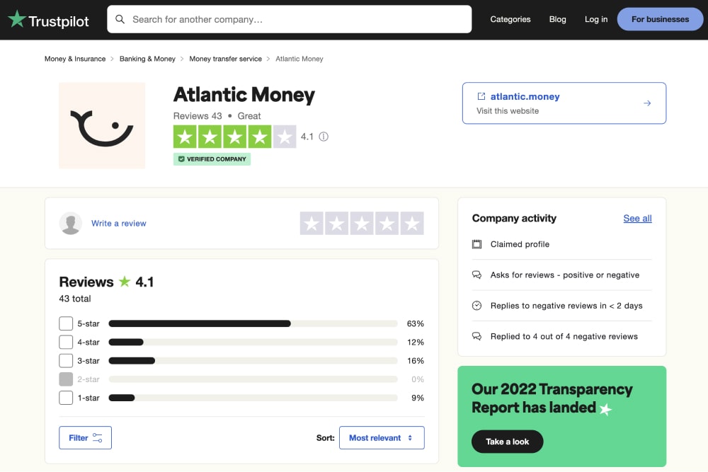 Atlantic Money's Trustpilot page.